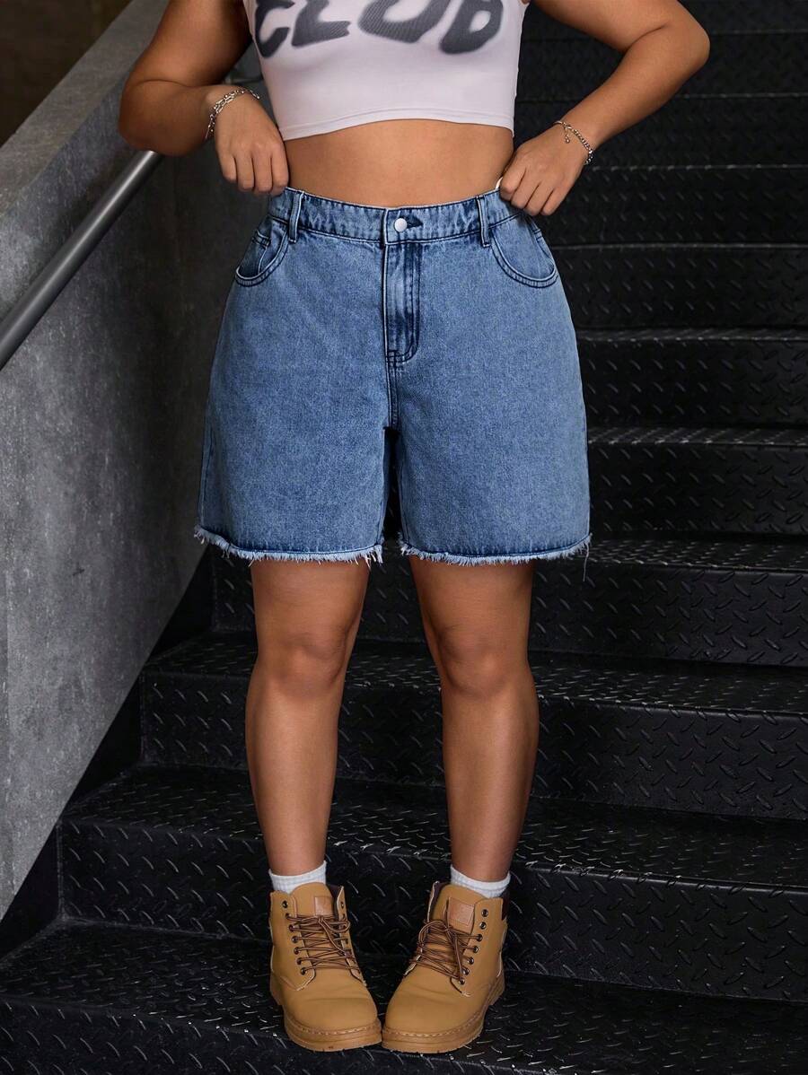 大码夏季休闲水洗宽松牛仔短裤 - 中等水洗藍 - 查看 1