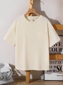 SHEIN 青少年男孩休闲华夫格纹理贴袋短袖圆领 T 恤，舒适时尚简约百搭，柔软舒适，适合春夏季节、日常穿着、户外玩耍、学校、街头风格、派对和休闲 - 米色 - 查看 2