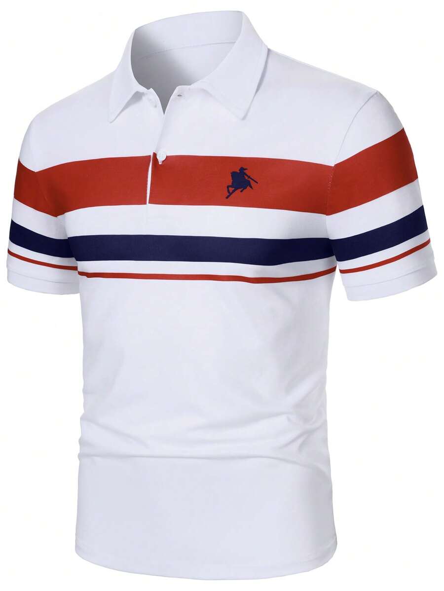 Manfinity Mode Men's Business Casual Style With An INS-Inspired Touch, Featuring A Classic Blue-And-White Color-Blocked Design And An Embroidered Horse-Riding Soldier Logo On The Front. This Stylish Short-Sleeve Polo Shirt Also Includes A Fashionably Patched Chest Pocket, A Button Closure, And Exudes A Sense Of French Elegance And Romance-An Ideal Gift For A Boyfriend Or Husband. Men's Polo Shirt With Chest Pocket Patchwork , Polo Shirt For Men , Golf Shirts For Men - Multicolor - View 1