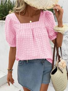 SHEIN LUNE Women's Casual Square Collar Plaid Short Sleeve Blouse, Spring/Summer