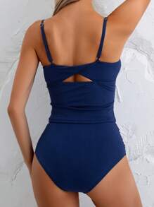 Swim Lushoire Women's Spaghetti Strap Tankini Set With V-Neck Design And Ribbed Fabric, Beach Swimsuit For Summer Beach Vacation - Navy Blue - View 3
