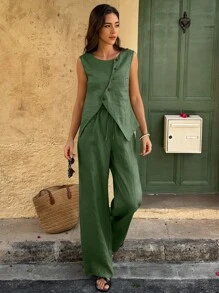 Selianne 2pcs/Set Women Summer Holiday Front Buttons Asymmetric Hem Top And Pants - Army Green - View 4