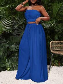 Slaydiva Size Frill Trim Tube Top And Elastic Waist Wide Leg Pants For Summer Leisure