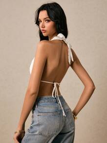 Poéselle Top tipo halter sin espalda de unicolor con bordado y diseño calado, para mujer, de verano