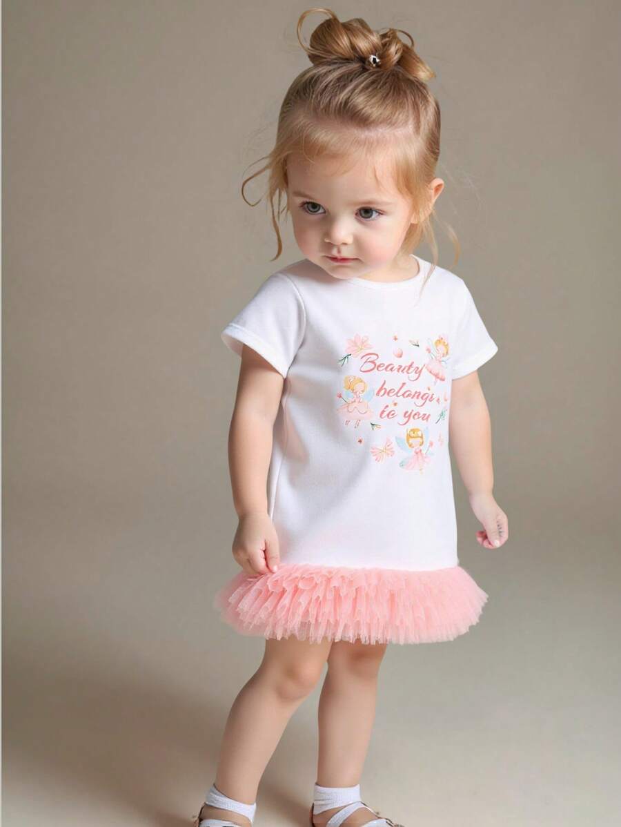 Baby Girls Cute Princess Knitted Round Neck Fairy Pattern Dress With Mesh Hem Ruffle Detail - White - View 1