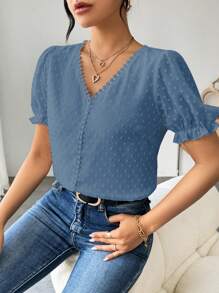 Elenzga Women's French Style Solid Color Swiss Polka Dot Ruffle Detail V-Neck Puff Sleeve Blouse - Blue - View 6
