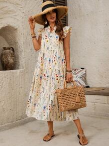 SHEIN LUNE Women Casual Floral Print Mini Cap Sleeve Shift Dress Summer Dresses For Women Summer Outfits For Women Vacation Outfits Women Women Clothing Summer Derby Dress,Sun Dresses For Women