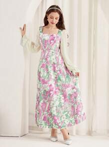 SHEIN Leap Crew Teen Girl Pink Woven Flower Printed Puff Sleeves, Spring And Summer, Elegant Vacation, Festival,Floral Patchwork Ruffle Sleeve Sweetheart Neckline Dress - Pink - View 6