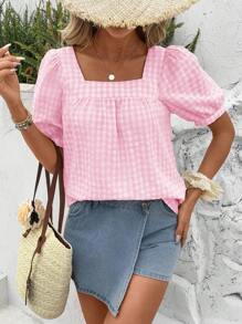 SHEIN LUNE Women's Casual Square Collar Plaid Short Sleeve Blouse, Spring/Summer