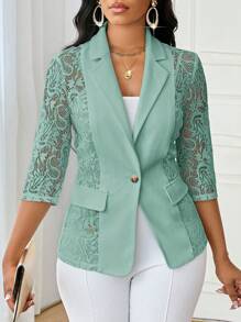 SHEIN Lady Four Season White Suit Women Blazers Women Coat Lace Splicing Elegant Suit
