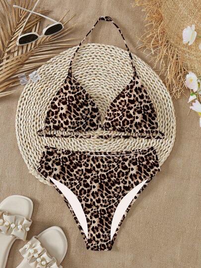 SHEIN Teen Girls Casual Minimalist Leopard Print Camisole And Leggings Swimwear Set, Suitable For Summer