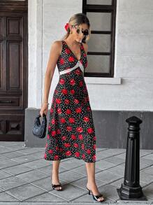 Pariaura Vestido casual de playa y verano para mujer con estampado floral, escote en V, encaje de contraste y sin mangas