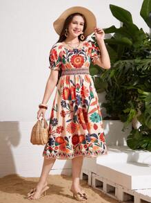 Teen Girls Printed Floral Pattern V-Neck Bubble Sleeve Ruched Waist Snug Fit Mini Dress, Suitable For Summer Outings And Vacation,Holiday,Summer,Travel - Multicolor - View 5