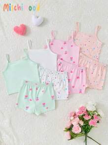 4pcs/Set Young Girl Floral Print Camisole Top And Shorts Set, Elegant And Sweet Young Girls Casual Sets Young Girls Summer Set Young Girl Short Sets