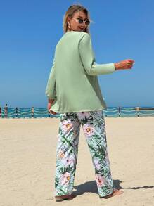 Swim Mulvari Women's Solid Loose Long Sleeve Drawstring Top And Random Print Long Pants Two Pieces Tankini Set - Multicolor - View 2