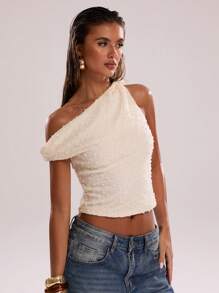 SHEIN BAE Women's Summer Sexy Bohemian Beach Vacation Concert Crochet Asymmetrical Shoulder Knotted Going-Out Tops, Summer,Club Women Sexy,Rave Top