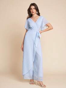 Amorya Solid Color Texture Flower Cutting Saint Patrick Day Butterfly Sleeve Wrap Belted Wide Leg Jumpsuit - Blue - View 1