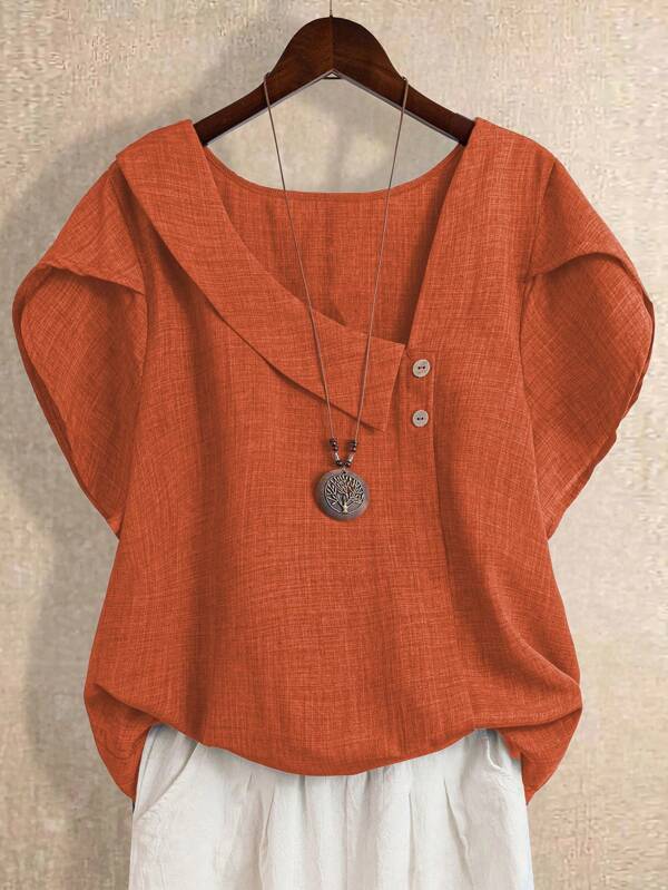 Linhara Plus Size Women Solid Color Petal Short Sleeve Button Design Casual Shirt