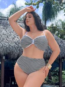 Swim Vcay Traje de baño de 2 piezas de talla grande para mujer con diseño de rayas de color contrastado, de tela especial y estilo separado, para ocasiones casuales y de resort - Blanco y Negro - Ver 4