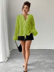 Rafferiza Blusa holgada de mujer de gasa de unicolor con mangas farol, cuello en V y lazo delantero, estilo francés elegante para el otoño