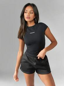 MISSGUIDED Logo Fitted Athletic Crop Top Basic Essential Casual T-Shirt Top Spring Summer Streetwear - Black - View 6