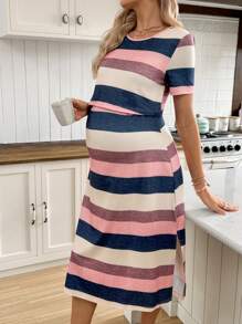 SHEIN Maternity Striped Digital Print Nursing Dress, Round Neck Short Sleeve - Multicolor - View 6