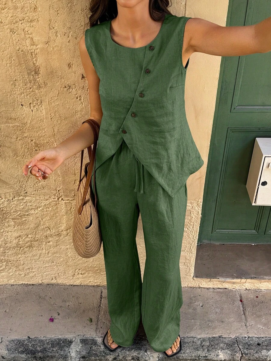 Selianne 2pcs/Set Women Summer Holiday Front Buttons Asymmetric Hem Top And Pants - Army Green - View 1