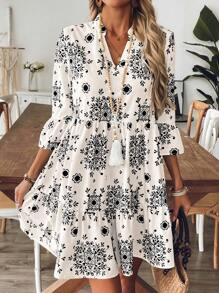 Breezaya 女式蓝白印花连衣裙，休闲度假/日常穿着，四分之一袖 - 黑色 - 查看 5