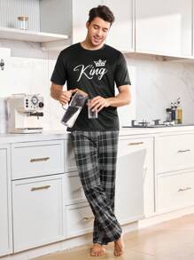 2pcs/Set Men's Crown & English Letter Graphic Top & Pants Pajamas Sets For Couples - Multicolor - View 6