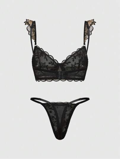 Goth Conjunto de lencería con sujetador con aros y tanga con bordado floral gótico oscuro