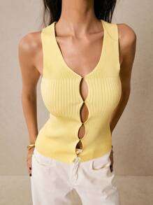 Poéselle Maglietta casual a tinta unita senza maniche e monopetto in maglia da donna