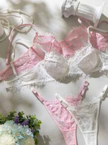 2pcs/Set Women's Lace Trim Minimal Casual Spaghetti Strap Camisole Lingerie Set