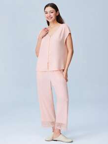 LUVLETTE Super Soft TENCEL™ Modal Pink Lace Inset Button Up Airy Women Pajama Set Lingerie Pants With Pockets Lingerie Bridal Intimates - Pink - View 8