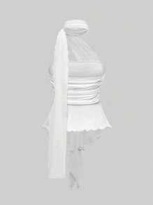 ROMWE Goth Y2K 性感精致女式褶饰可拆卸网眼围巾抹胸上衣 - 白色 - 查看 2