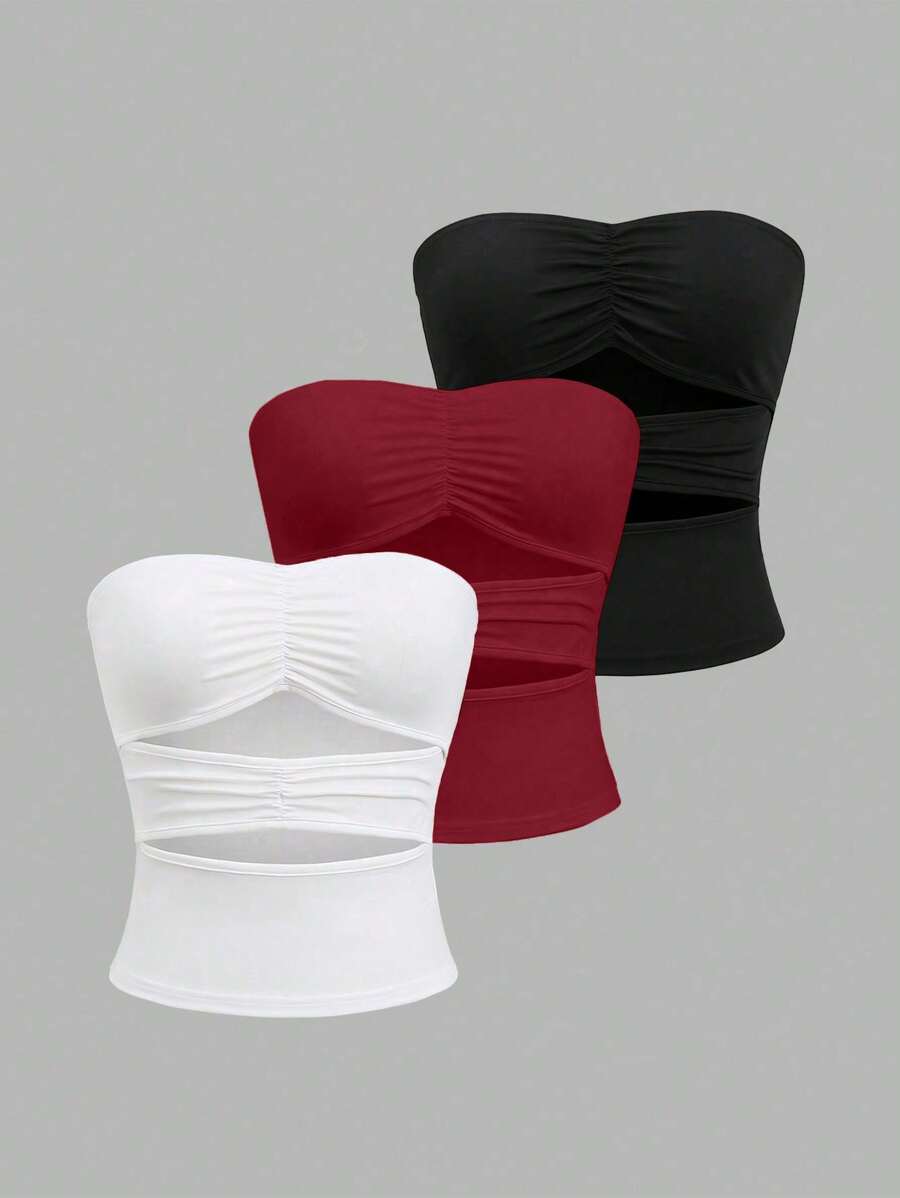 Sweetra Women's Ruched Cut Out Cropped Tube Top, Summer Y2K Burgundy White - Multicolor - View 1