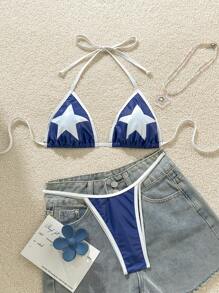 SHEIN Swim Women's Summer Beach 5-Pointed Star Print Halter Tie Sexy Bikini Swimsuit Set - Blue and White - View 1