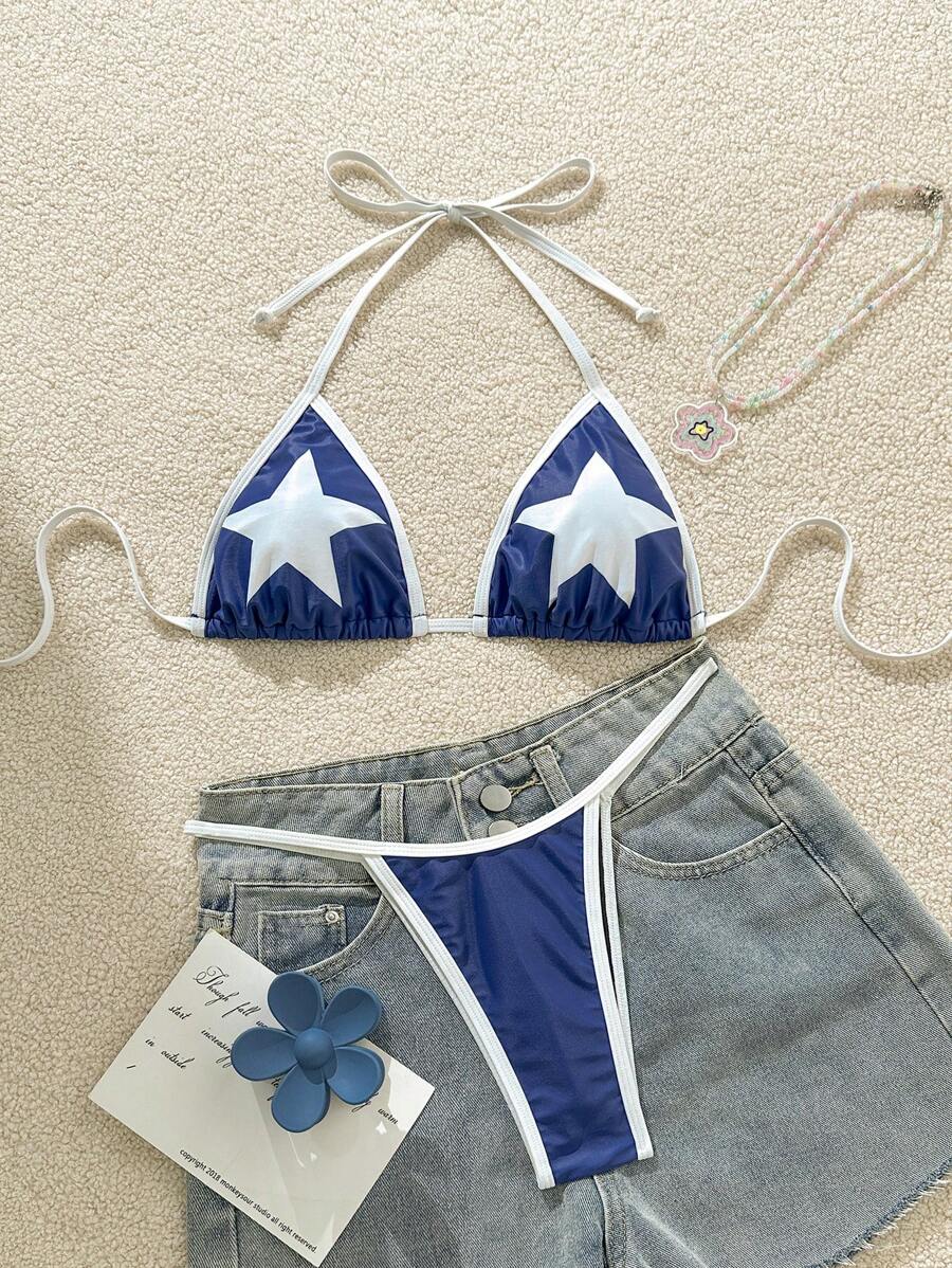 SHEIN Swim Women's Summer Beach 5-Pointed Star Print Halter Tie Sexy Bikini Swimsuit Set - Blue and White - View 1