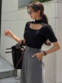 DAZY 女式高领修身短袖针织上衣 Y2K - 黑色 - 查看 5