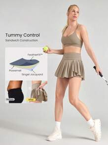 GLOWMODE Ace Flex Tummy Control Pleated Tennis Skirt With Built-In Shorts Side Pockets Tennis Golf Daily Spring Summer - Khaki - View 2