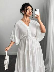 Modelyn Đầm tay ngắn cổ chữ V màu trơn cỡ lớn, đơn giản và thời trang, phù hợp cho mùa hè - Màu be - Xem 2