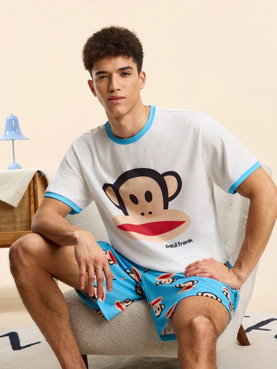 Paul Frank X SHEIN Men's Casual Monkey Print Short Sleeve T-Shirt & Shorts Pajama Set, Summer - Blue and White - View 1