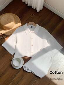 Comfortcana Bộ trang phục 2 món áo sơ mi trắng và quần short mùa hè cho nữ' - trắng - Xem 3