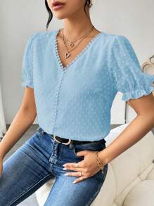 SHEIN Clasi Women's Solid Color Swiss Dot Ruffle V-Neck Puff Sleeve Blouse - Baby Blue - View 6