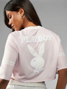 Missguided x Playboy 運動休閒機能短版球衣上衣 兔子標誌 復古大學風 健身訓練隊號碼 現代街頭時尚生活風格 T-shirt - 粉色 - 查看 4