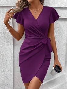 SHEIN Clasi Vestido mini elegante de mujer de unicolor con lazo en la cintura y mangas con volante - Rojo violeta - Ver 4