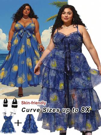 SHEIN CURVE+ Plus Size Vintage Palace Style Navy Blue Van Gogh Starry Sky Print Elegant Dress, Suitable For Balls, Parties, Weddings, Dress Set Graduation Dress/ Graduation Dresses For Women/ White Graduation Dress/ Graduation Outfit.Beach Outfits For Woman/Beach Dress/Beach Vacation Outfits/Beach Essentials / Graduation/Tea Party Dress