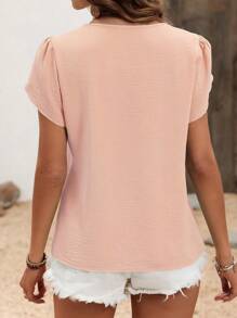 Breezaya Áo sơ mi tay cánh hoa đơn giản màu trơn thời trang đi nghỉ - Hồng - Xem 2