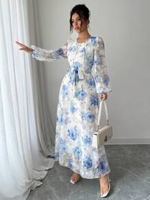 Modelyn Women Woven Printed Long Sleeve Waist-Cinched A-Line Floral Print Dress Long Evening Dresses Fall Cloth For Women