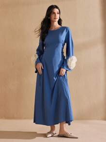 Graceveil Vestido elegante estilo árabe para mujer con estampado floral, parches y flecos en las mangas largas, vestidos árabes Jalabiya de línea A elegantes para fiestas de noche, modestos