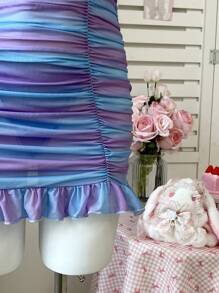 PetitDoll Set de 2 piezas Vestido de tirantes transparente y sexy con volantes y recortes calados, talla grande tanga lencería para mujer